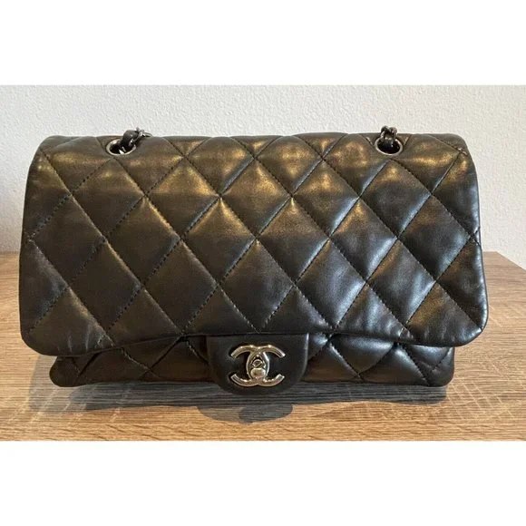 Authentic Chanel Black Quilted Lambskin Leather 3 Accordion Flap Bag - Picture 2 of 11